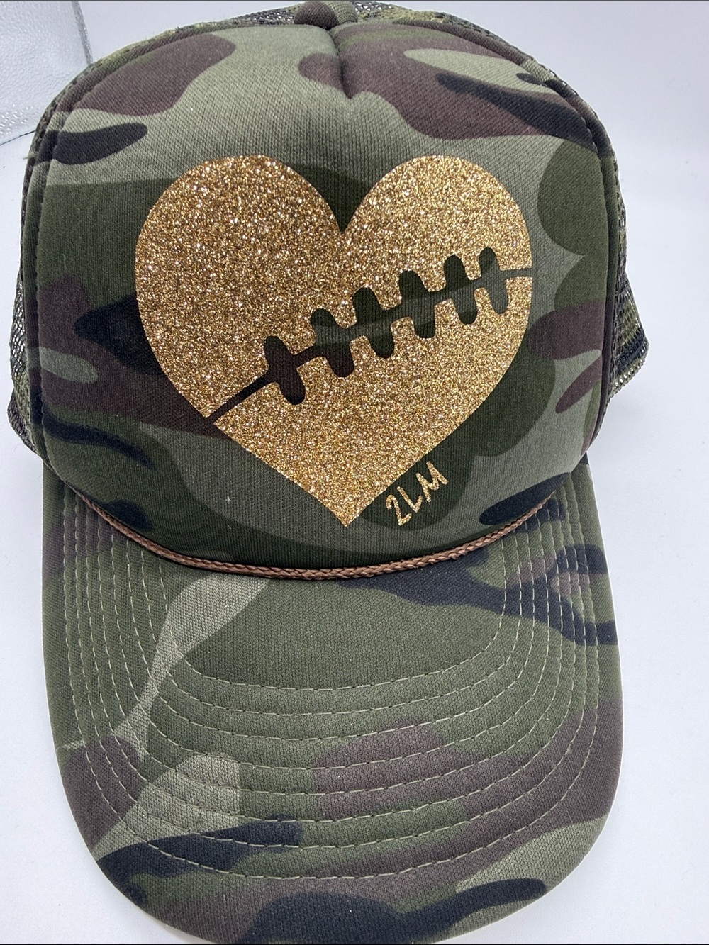 Camo Camouflage Green Gold Glitter Heart Football Trucker Adjustable Hat Cap - Picture 2 of 8